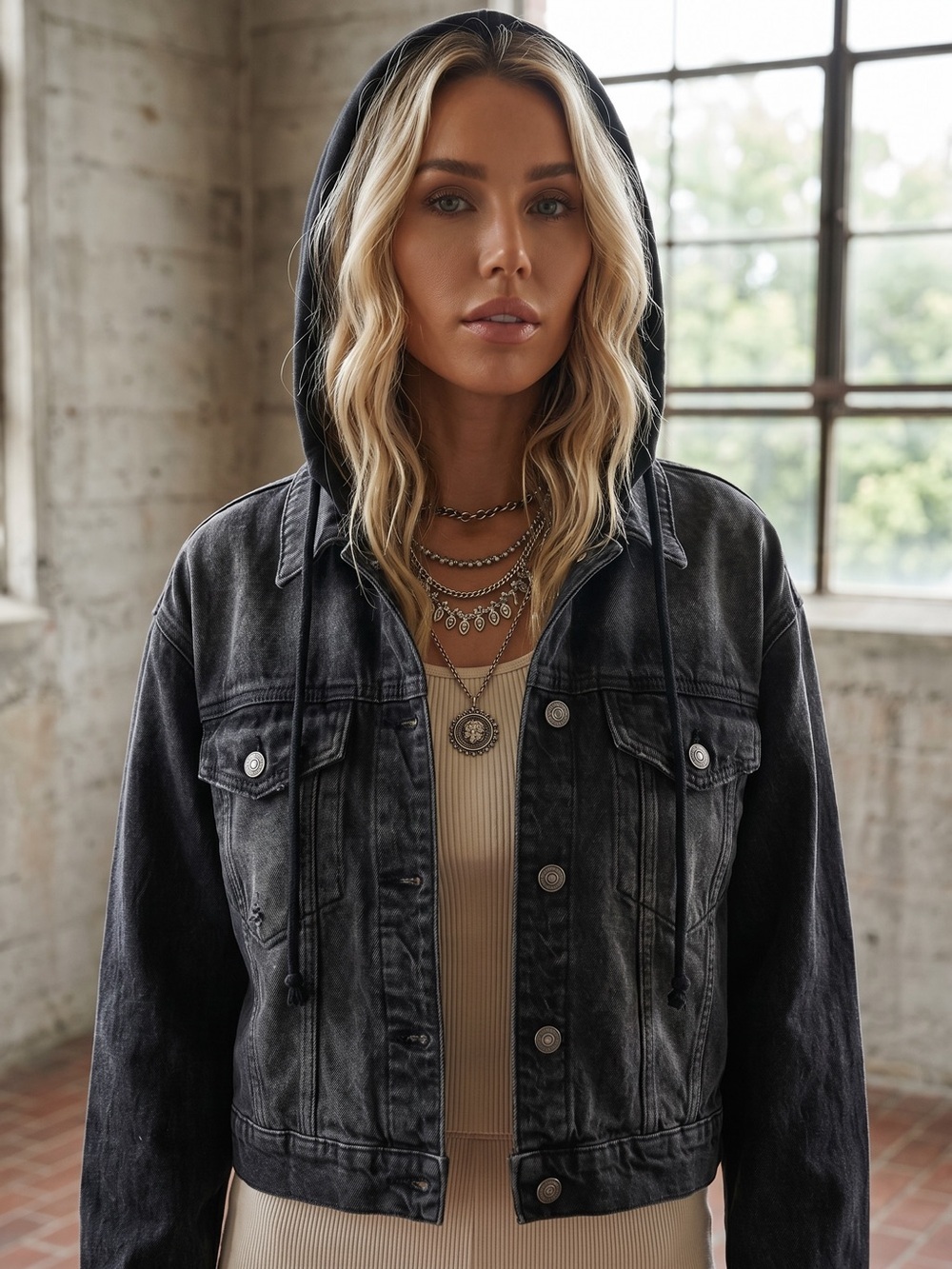 We The Free by Free People Black Washed Hooded Denim Jacket Jean Hoodie - Picture 3 of 8